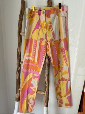 Averardo Bessi Straight Leg Colorful Retro Print Cotton Pants Yellow Orange Pink